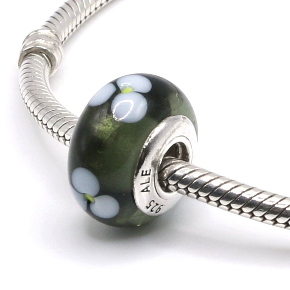 Authentic PANDORA Black Flowers Murano Glass Bead